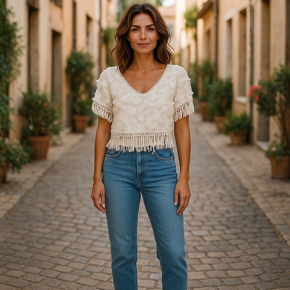Women’s White Short Sleeve Fringe Feathery Top
New - Picture 1 of 6